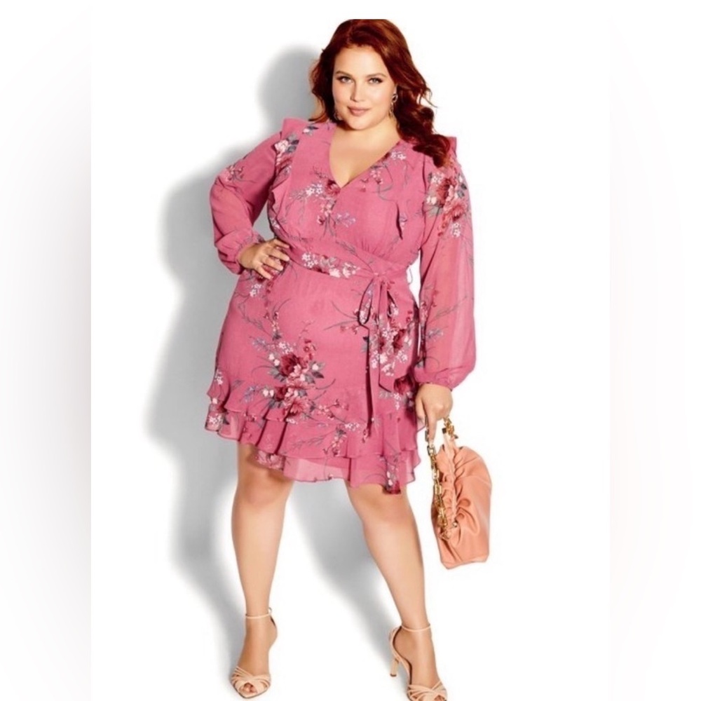 City Chic Rose Pink Floral Wrap Midi Dress